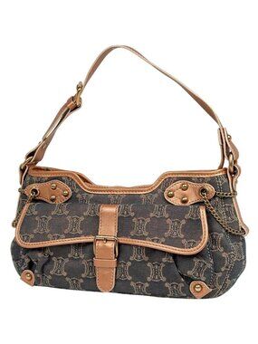 Celine Paris Macadam Shoulder Bag Lame Denim Blue Brown